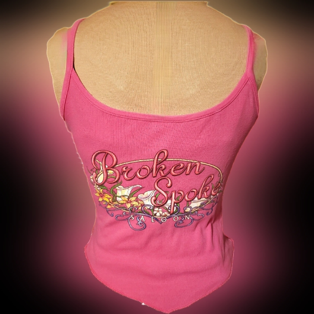 Vtg Y2K pink Broken Spoke saloon embroidered graphic cut out handkerchief tank M - Picture 4 of 17